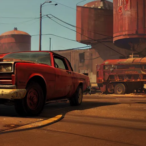 Prompt: red rusty oil - drum with a pack of dynamite on it's side in gta v, stephen bliss, unreal engine, fantasy art by greg rutkowski, loish, rhads, ferdinand knab, makoto shinkai and lois van baarle, ilya kuvshinov, rossdraws, tom bagshaw, global illumination, detailed and intricate environment