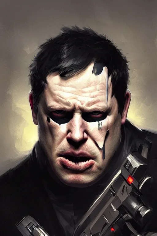 Image similar to angry Boris Johnson as Punisher, portrait, highly detailed, digital painting, artstation, concept art, smooth, sharp focus, illustration, cinematic lighting, art by artgerm and greg rutkowski and alphonse mucha