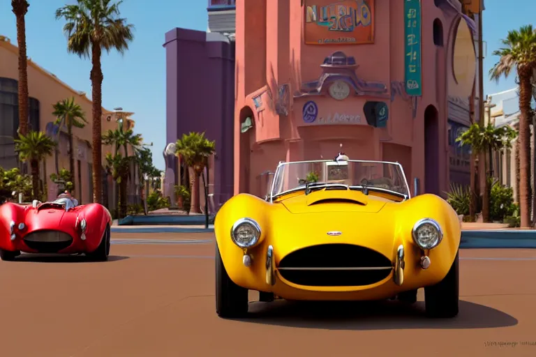 Prompt: a wholesome animation key shot of!! one!! focused!! ac cobra in gulf colors!!, in a las vegas street, medium shot, studio ghibli, ( pixar ) and disney animation, sharp, very detailed, high resolution, rendered in unreal engine 5, anime key art by greg rutkowski, bloom, dramatic lighting