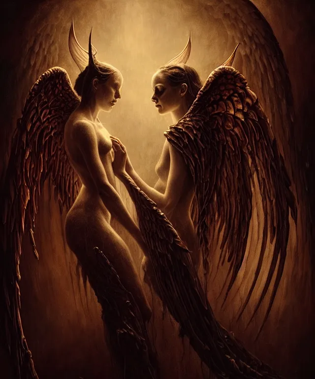 Image similar to epic professional digital art of angels and demons, horrific yet beautiful vibe, evocative, atmospheric lighting, painted, intricate, highly detailed, by leesha hannigan, wayne haag, reyna rochin, ignacio fernandez rios, mark ryden, iris van herpen, artstation, cgsociety, stunning, gorgeous, sharp focus, cinematic, masterpiece