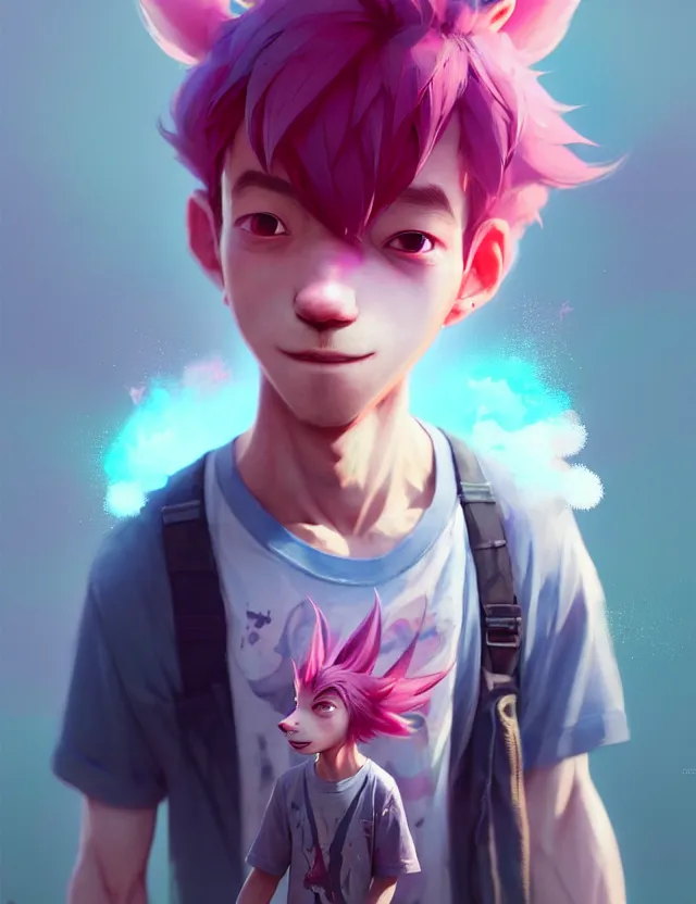 Image similar to a beautiful portrait of a cute boy with pink hair wearing tshirt and leggings under shorts in a city. character design by cory loftis, fenghua zhong, ryohei hase, ismail inceoglu and ruan jia. artstation, volumetric light, detailed, photorealistic, fantasy, rendered in octane