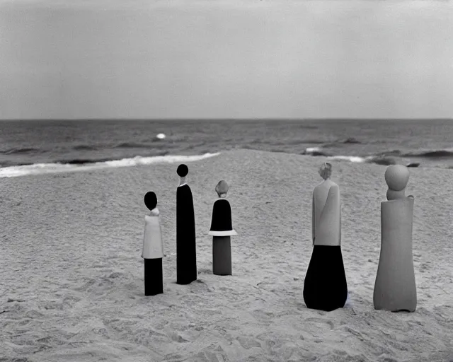 Prompt: a group of people standing on top of a sandy beach, a surrealist sculpture by Oskar Schlemmer, tumblr, surrealism, surrealist, grotesque, 1970s