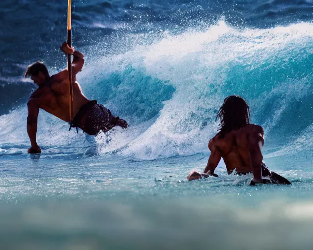 Image similar to single spartan paddling surf - ski through waves, epic award winning action cinematic still from the movie 3 0 0, 8 k, global illumination, detailed face, muscles, rim highlights, hyper realistic, stunning waves, happy vibes