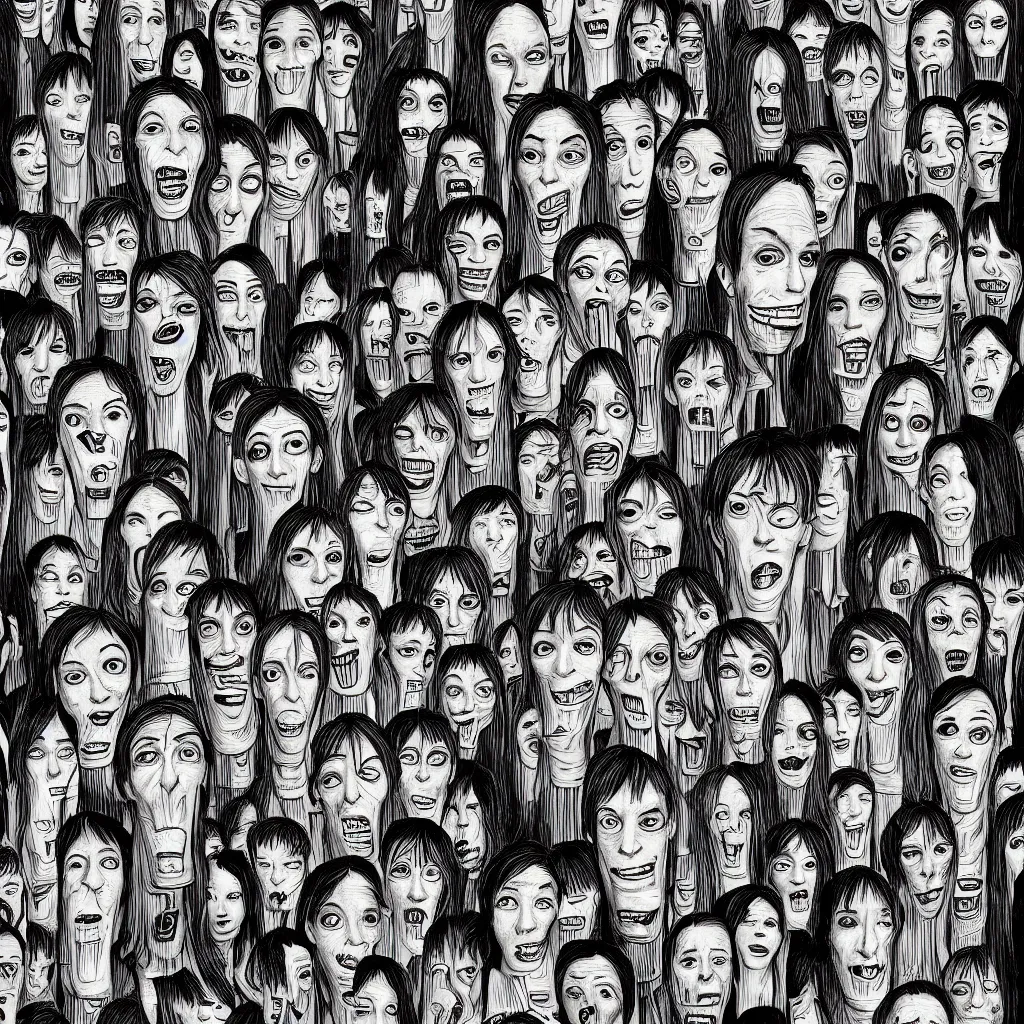 Image similar to portrait photo of a human with an absurdly long face and multiple sets of mouths stacked on top of each other, illustrated by junji ito