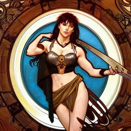 Image similar to xena warrior princess eating at a restaurant art by artgerm and greg rutkowski and alphonse mucha w 7 6 8