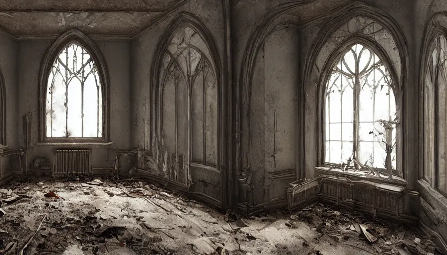 Prompt: interior of an abandoned neo - gothic manor's bed room with lot of cobwebs, dusty ground with dirt, light trough windows, collapsed ceiling, hyperdetailed, artstation, cgsociety, 8 k