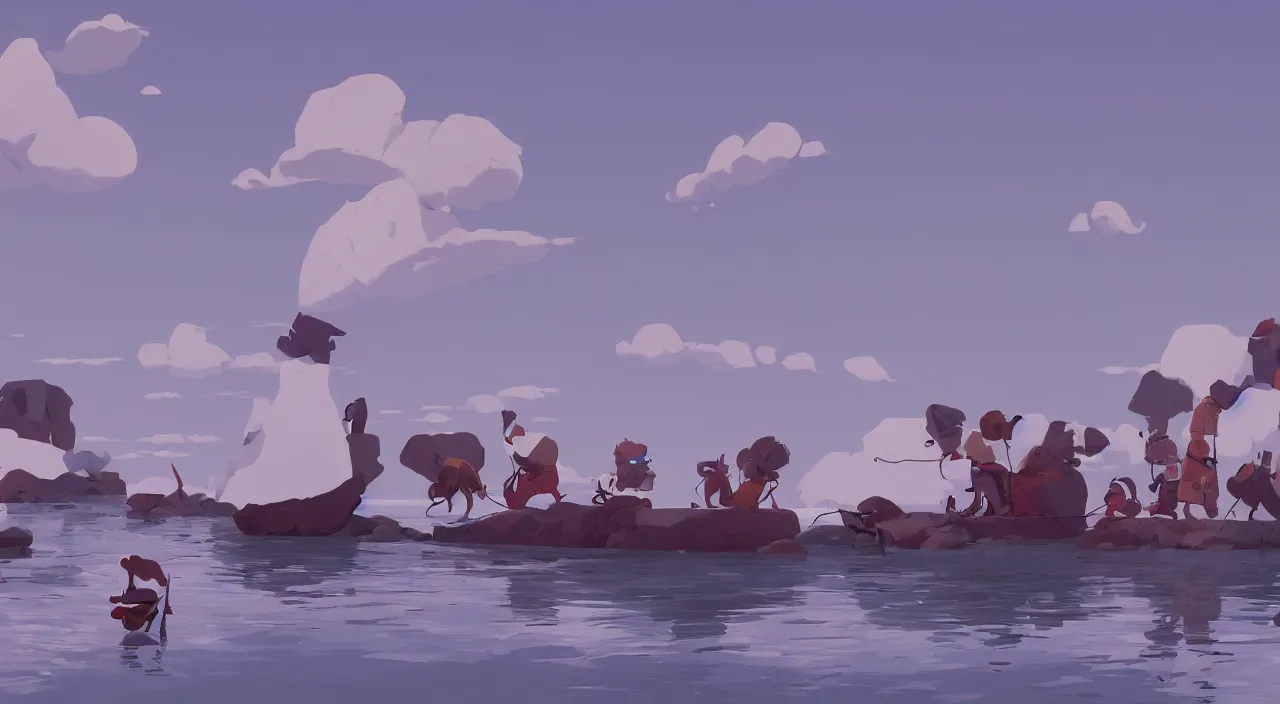 Prompt: havanese dogs pulling arctic explorers from the water, 1 9 0 0, tartakovsky, atey ghailan, goro fujita, studio ghibli, rim light, scary, afternoon lighting, clear focus, very coherent