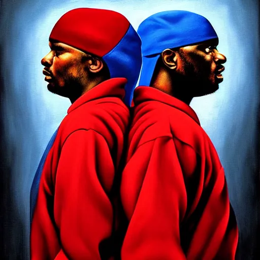 Image similar to crips vs bloods, uhd, 8 k painting by emanuele dascanio and robin eley