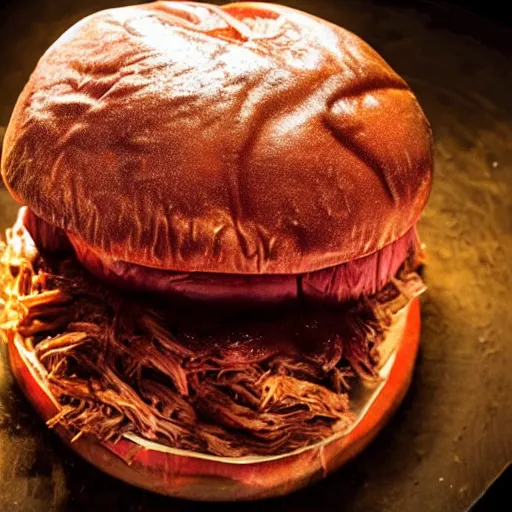 Image similar to monster that looks like a pulled pork sandwich, bbq sauce splashes, dark lighting, moonlight, horror, scary, hyper-realistic