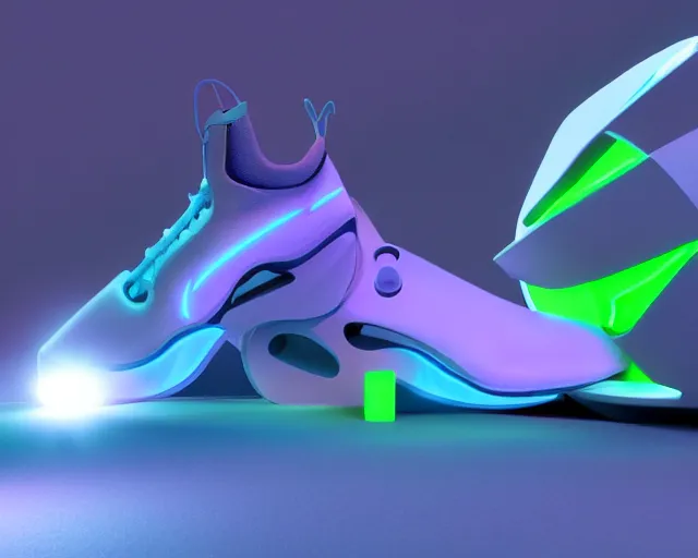 Image similar to A 3D model of of futuristic nike sneakers with neon lights from below, highly detailed, award winning, octane render