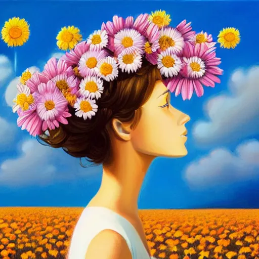 Image similar to a surrealist painting of a woman standing in a field of flowers with daisies for a head by rhads, shutterstock contest winner, pop surrealism. made of flowers