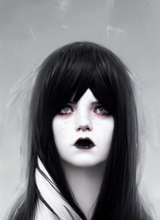 Image similar to portrait of white teenage girl, normal face, white bangs, mall goth, cyberlox, black and white hair, bangs, fluffy bangs, intricate, elegant, highly detailed, digital painting, artstation, concept art, sharp focus, smooth, illustration, art by wlop, mars ravelo and greg rutkowski