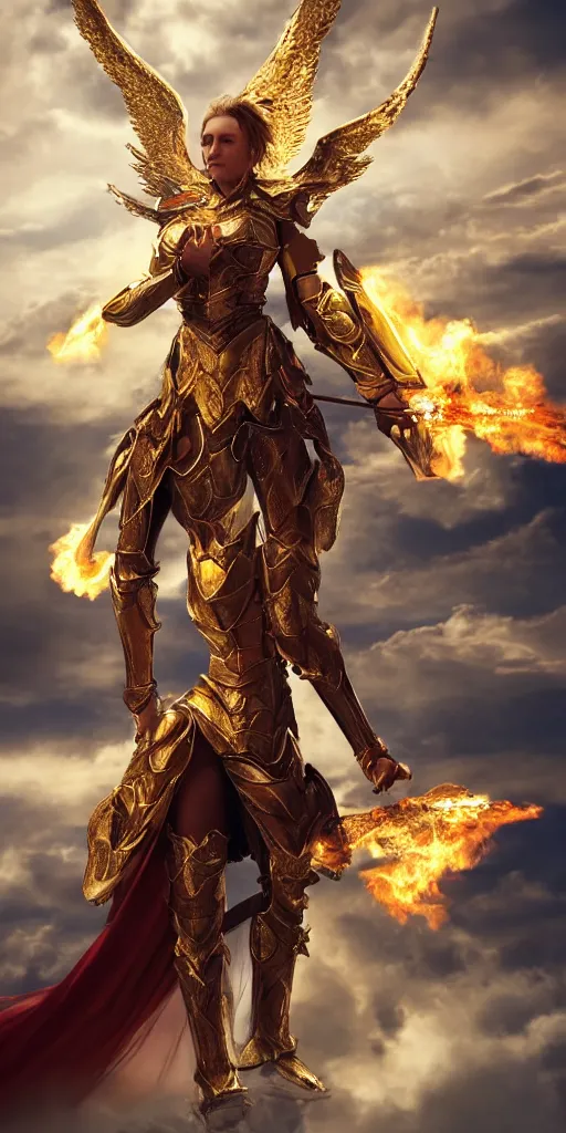 Prompt: full-body shot of a beautiful woman in golden angelic battle armor and wielding a flaming sword, among the clouds, cinematic, epic, 4k, realism