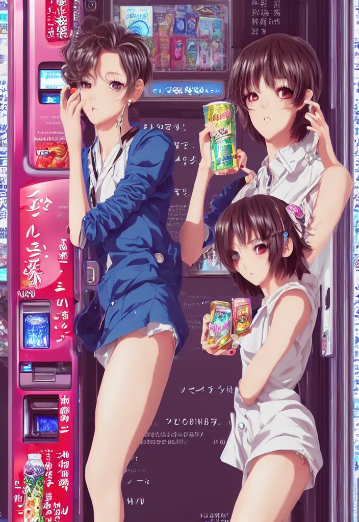 Image similar to two beautiful full body portrait anime females with short hair, fashion model bodies, standing in front of a vending machine in downtown Tokyo, drinking soda, D&D, fantasy, intricate, elegant, highly detailed, digital painting, artstation, concept art, smooth, sharp focus, illustration, art by artgerm and KyuYong Eom and WLOP and Krenz Cushart and greg rutkowski and alphonse mucha