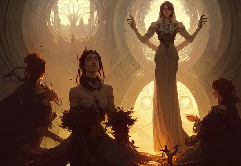 Image similar to the council of the first circle, fantasy magic, dark light night, intricate, elegant, sharp focus, illustration, highly detailed, digital painting, concept art, matte, art by wlop and artgerm and greg rutkowski and alphonse mucha, masterpiece