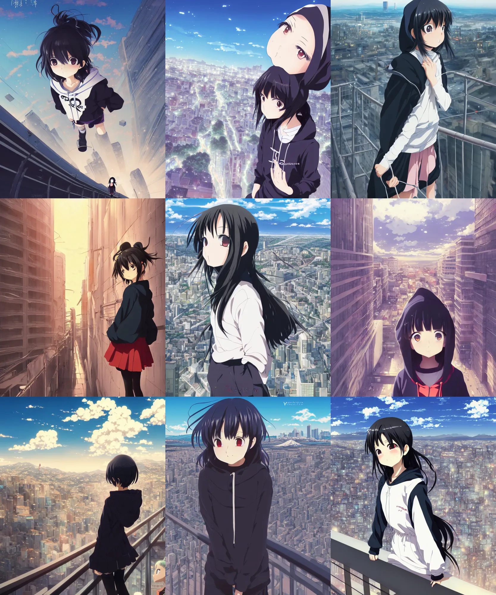 Prompt: anime visual, portrait of a young black haired girl wearing hoodie sightseeing above the city, guardrail, cute face by yoh yoshinari, katsura masakazu, dramatic lighting, dynamic pose, dynamic perspective, strong silhouette, ilya kuvshinov, anime cels, 1 8 mm lens, fstop of 8, rounded eyes, moody, detailed facial features