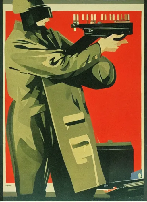 Image similar to a Soviet Russia propaganda poster of a programmer shooting a gun at a computer