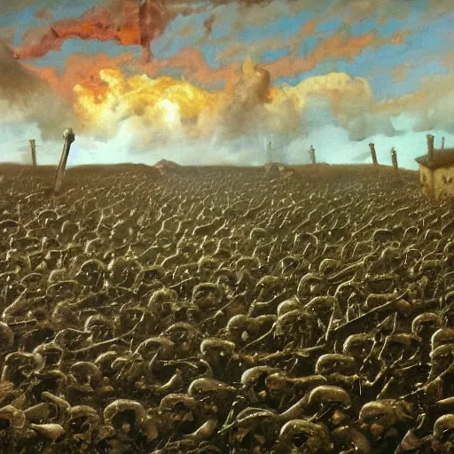 Image similar to oil painting of a ground covered in medieval silver soldier corpses, war, storm dawn, by Frank Frazetta, by Georgia O Keeffe sfumato, realistic