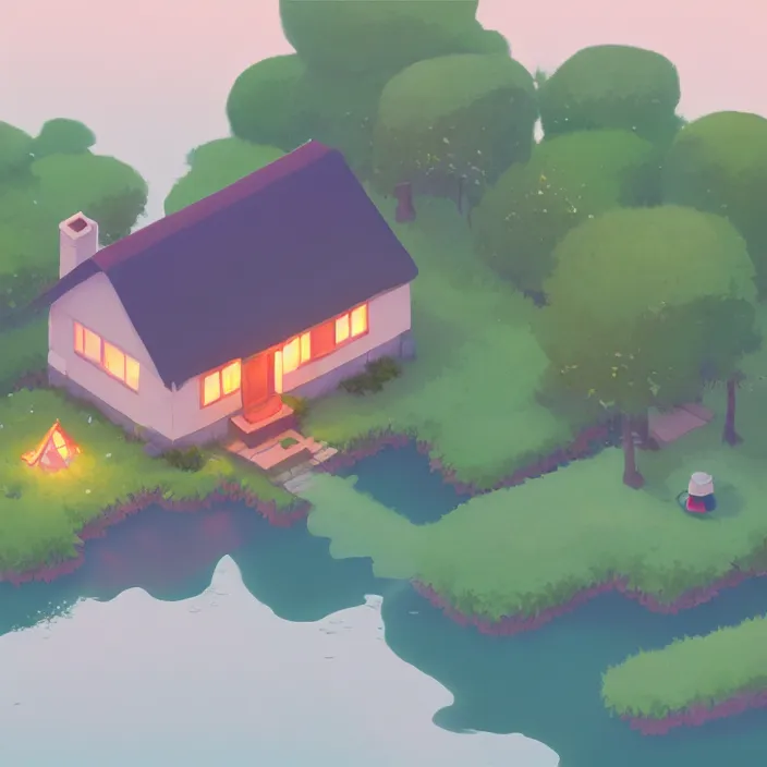 Prompt: isometric view of a lovely cottage standing in the middle of a lake, plain background, cory loftis, james gilleard, atey ghailan, makoto shinkai, goro fujita, studio ghibli, exquisite lighting, clear focus, very coherent, soft painting