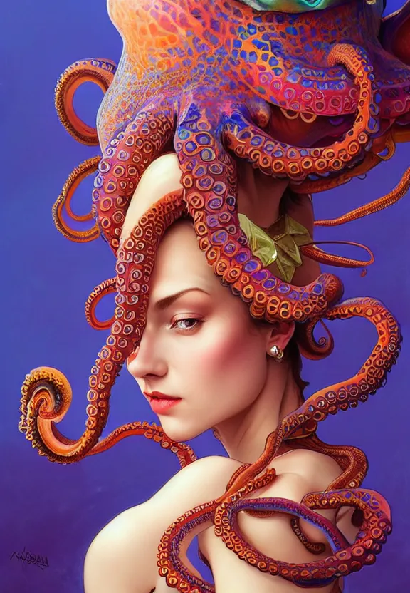 Image similar to close up of a beautiful woman wearing a colourful octopus as a hat, fantasy, intricate, elegant, highly detailed, digital painting, artstation, concept art, smooth, 8 k, sharp focus, illustration, art by artgerm and greg rutkowski and alphonse mucha