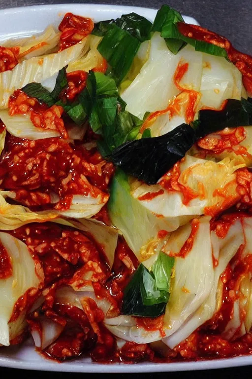 Prompt: kimchi, korean spicy fermented napa cabbage, by jerry pinkney