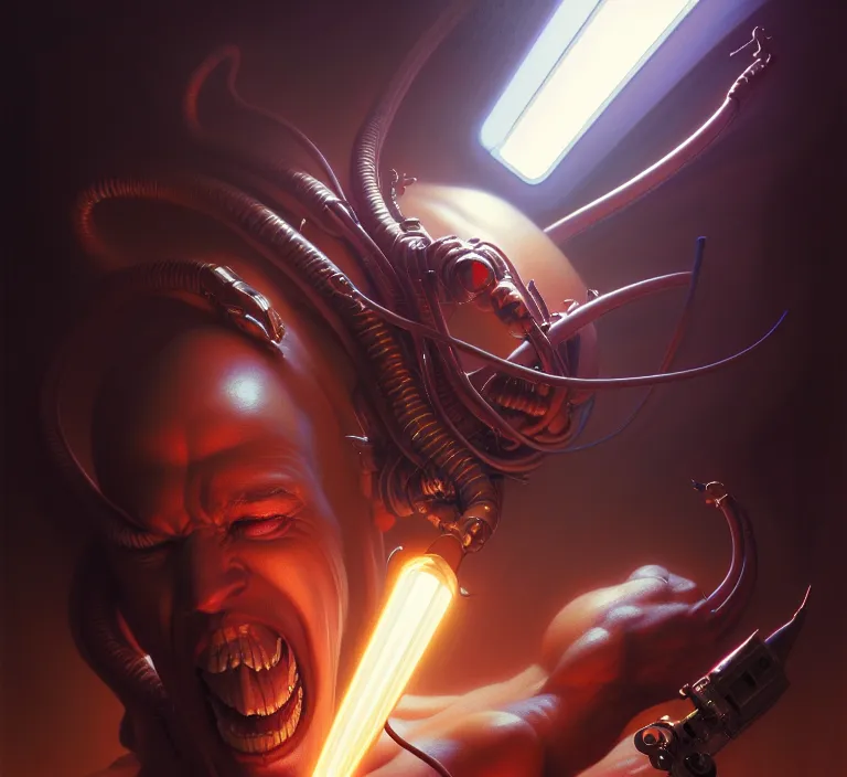 Image similar to a self portrait of you, very detailed, dramatic lighting, electrical details, high details, 4 k, 8 k, trending on artstation, by boris vallejo, greg rutkowski, wayne barlowe, hajime sorayama and peter mohrbacher