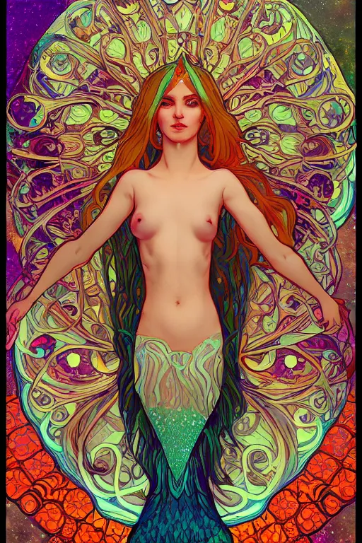 Image similar to a beautiful psychedelic mermaid, symmetrical features, cinematic lighting, soft bokeh, fantasy, modern, colourful, highly detailed, digital painting, artstation, deviantart, concept art, sharp focus, illustration, by alphonse mucha