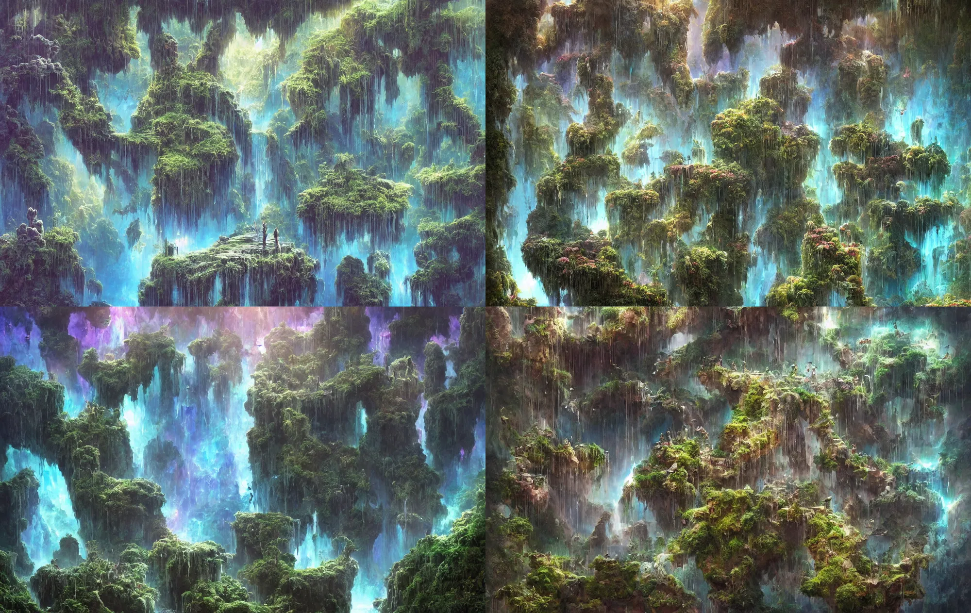 Prompt: closeup hanging gardens, magic water gate in space, nebula, iridescent shimmering pools, oasis in the desert, floating stones, cascading iridescent waterfalls, dimension of infinite space, by Zdzislaw Beksinski, Tomas Sanchez, greg rutkowski, wlop, artgerm, andrei riabovitchev, nuri iyem, james gurney, james jean, highly detailed, soft lighting, 8k resolution, oil on canvas