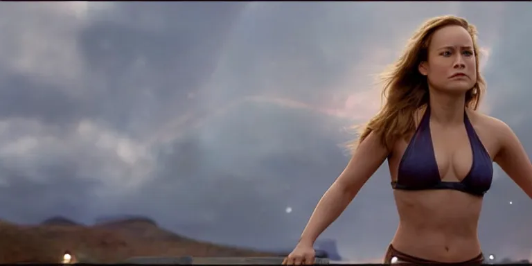 Image similar to film still of very curvy brie larson, focus on facial - detail!!!!!!, walking on a bridge, similar to the bifrost, toward an endless abyss in space, wearing a flowy bikini inspired by ancient roman clothing, beautiful astronomical background with galaxies and nebulas, lack of sunlight, 8 k resolution, cinematic lighting, anatomically correct, by christopher nolan