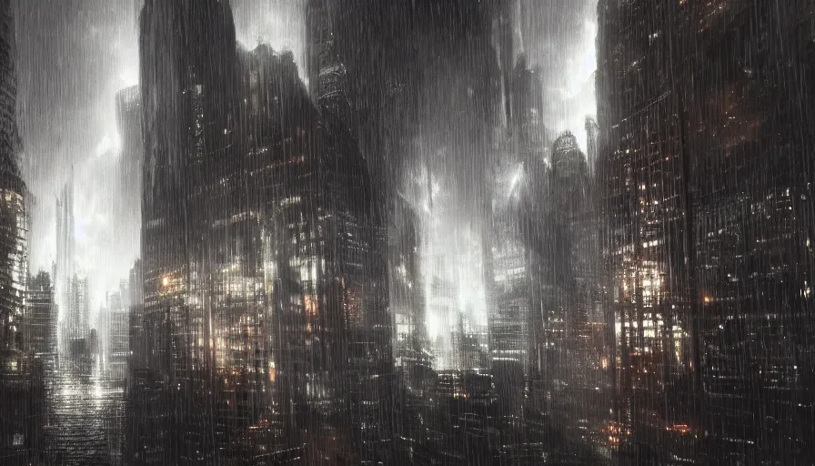 Prompt: Gotham City under a huge rainstorm with lightning, hyperdetailed, artstation, cgsociety, 8k