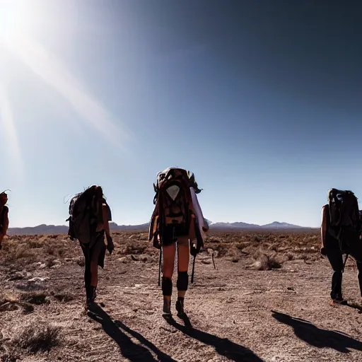 Prompt: a huge group of models wearing giant hiking backpacks, walking in the desert, margiela campaign, giant crowd, cinematic lighting, hd vfx, shot from behind