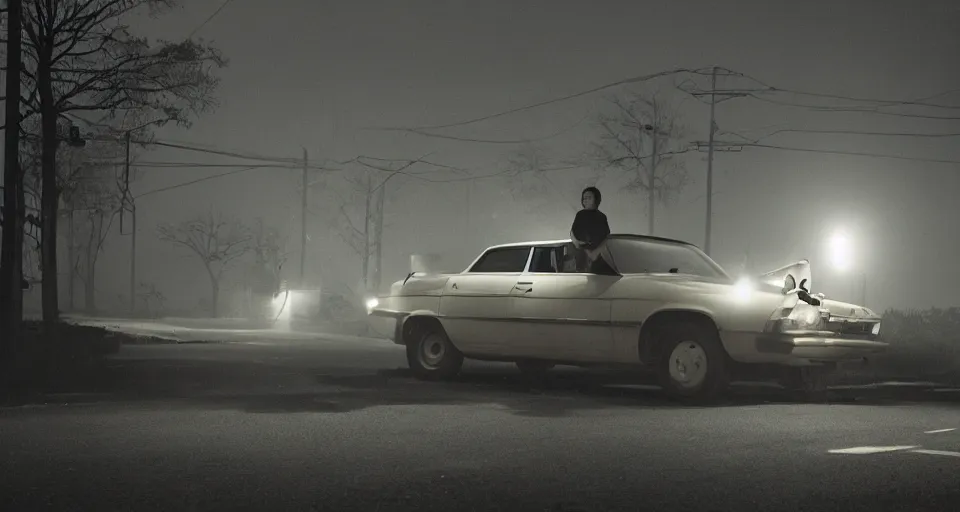 Image similar to a photograph of a car at an intersection with a person standing in its headlights by Gregory Crewdson