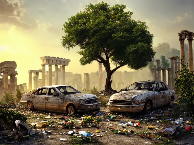 Image similar to a tree growing on a scrap car in ancient greek ruins, gray wasteland, many scrap cars, trash, rubble, overgrown, pillars and arches, colorful flowers, vines, hyperrealistic, highly detailed, cinematic, ray of golden sunlight, beautiful, cgsociety, artstation, 8 k, oil painting by greg rutkowski, by artgerm, by wlop