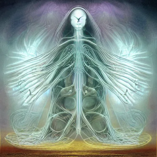 Image similar to minds reaching quantum divinity as a ghost in the god machine surrealism