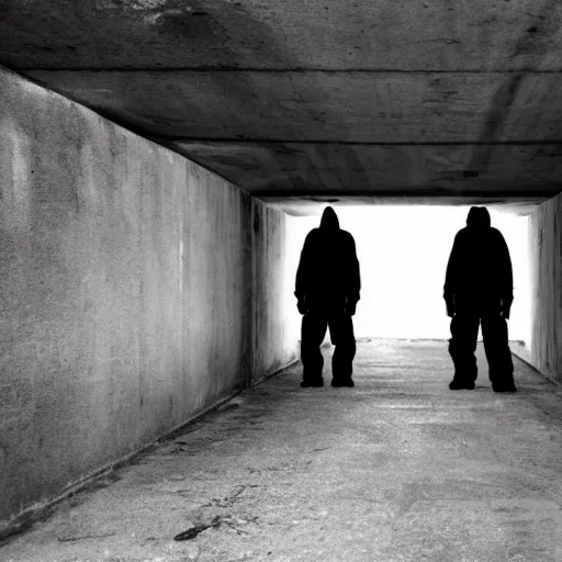 Prompt: two shadowy figures in a dingy underground concrete bunker, mood