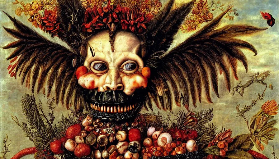 Prompt: lucifer by giuseppe arcimboldo, oil painting, classical painting, digital art, vivid colors, sharp focus, restored