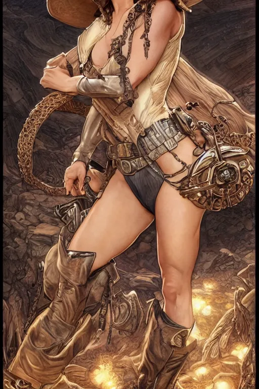 Image similar to bombshell cowgirl who looks like lena headey, detailed full body portrait by james gurney and artgerm and Mucha, amazing detail, intricate, stunning inking lines, 4K, character design, concept art