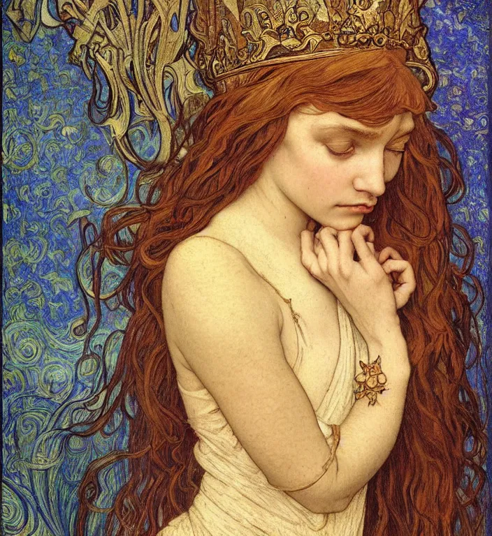 Image similar to detailed realistic beautiful young medieval queen face portrait by jean delville, alphonse mucha, vincent van gogh, and marco mazzoni, art nouveau, symbolist, visionary, gothic, pre - raphaelite