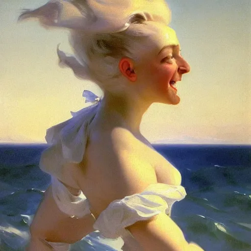 Prompt: painting of a buff cute albino female sailor woman with broad shoulders, flowing white hair, and a confident smile, ocean background. painting by john singer sargent and ivan aivazovsky, 4 k hd artstation