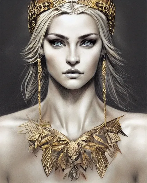 Image similar to tattoo design sketch of hot blonde super model as aphrodite greek goddess wearing a gold laurel wreath and triangle earrings, beautiful piercing gaze with sharp pupils, in the style of greg rutkowski, fantasy, amazing detail, epic, elegant, smooth, sharp focus, front view