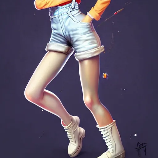 Prompt: full body pose, beautiful androgynous girl, white pixie cut hair, torn overalls, short shorts, combat boots, fishnets, beautiful, highly detailed face, true anatomy!, extremely detailed!, digital painting, unreal engine 5, art by tom bagshaw