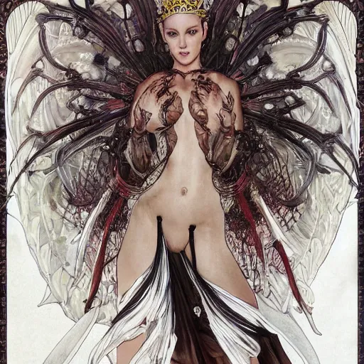 Image similar to 3/4 body portrait of the firedragon queen by artgerm and H R Giger and alphonse mucha, HD, full body dragon concept, flying dragon, Human body with dragon features, beautiful queen, perfect face, perfect body, 10/10 would dream again, fantasy, intricate, elegant, highly detailed, digital painting, artstation, concept art, smooth, sharp focus, illustration, ray tracing, 4k realistic 3d rendered portrait, soft shading, soft colors, relaxed colors, hyperdetailed, wide angle lens, fantasy, futuristic horror, armor style of giger