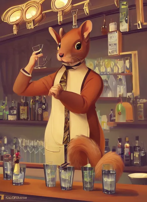 Image similar to squirrel anthro as a dapper bartender with a big, fluffy tail, retrofuturism, art deco, detailed painterly digital art by WLOP and Cory Loftis, 🐿🍸🍋, furaffinity, trending on artstation