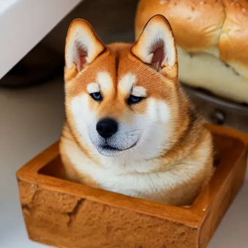 Prompt: the face of a shiba inu blended into the side of a loaf of bread on a kitchen bench