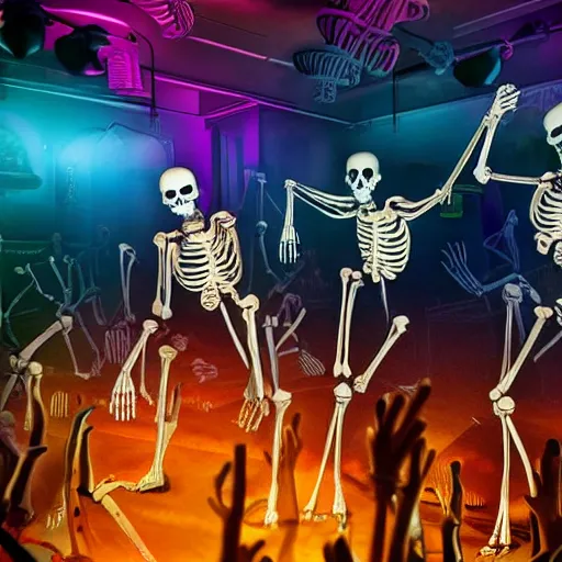 Image similar to photo, a giant crowd of realistic anatomically correct claymation skeletons dancing sensually and cool inside a colorful futuristic night club, colorful dramatic unique lighting