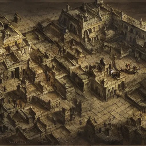 Image similar to top down battle map in a medieval town, drawn by Ruan Jia, fantasy art, dramatic lighting, digital art,highly detailed