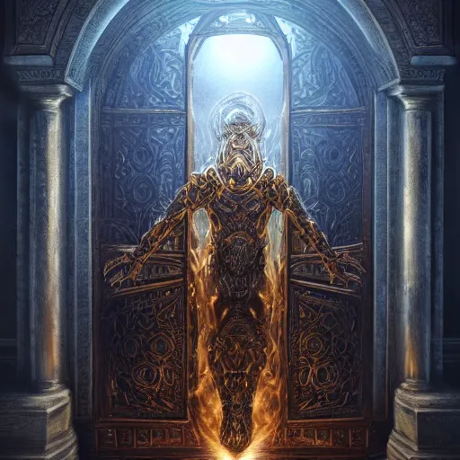 Image similar to an intricate and detailled render of the last gatekeeper, standing in front of the door of time glowing from it's magic plasma, by tivadar csontvary kosztka,, trending on art station, + soft illumination, intricate detail, highly detailed, atmospheric, hades, rendered in octane, slav epic