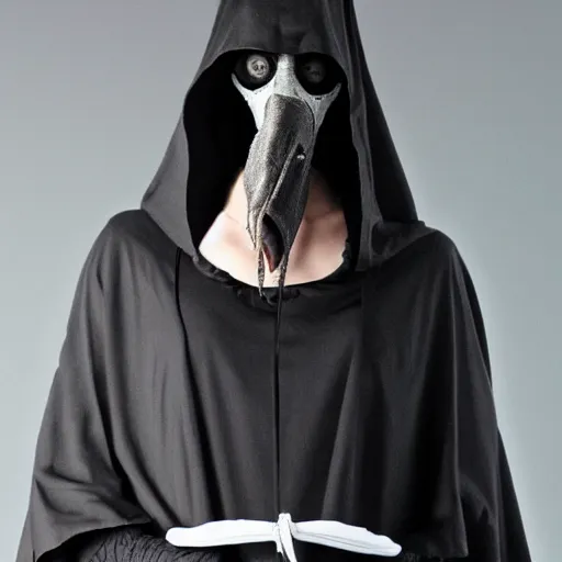Prompt: female plague doctor donning a black hood, gown, and a white crow mask, trending on artstation