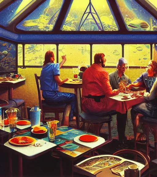 Prompt: diner with an aquarium. vantablack cloth technology, vintage shapes, retro technology, happy colors dariusz zawadzki, tim hildebrandt, wayne barlow, bruce pennington, larry elmore, oil on canvas, deep depth field, masterpiece, cinematic composition. dramatic zoom, hyperdetailed, hd, hdr