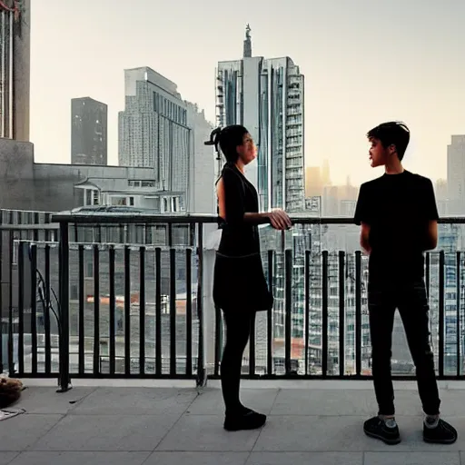 Image similar to a small rooftop with a couple of modern teenagers, standing and talking to each other, wearing black modern clothes, modern shanghai bund is on the background, sunset, by gregory crewdson, by asher brown durand